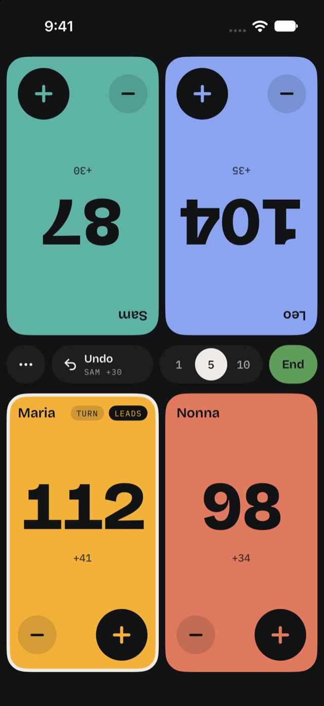 The scoreboard: a coloured tile per player, the top row turned to face the other side of the table