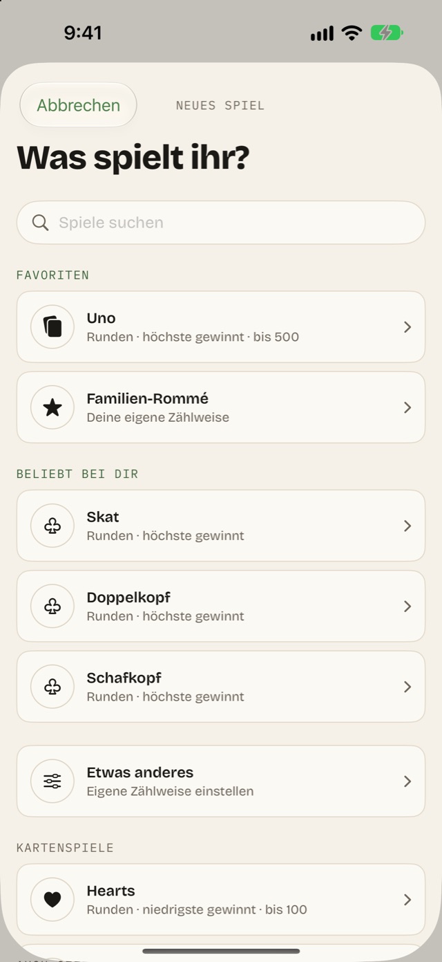 Die Spieleliste: Favoriten, dann beliebt bei dir mit Skat, Doppelkopf und Schafkopf, und Etwas anderes für eigene Regeln