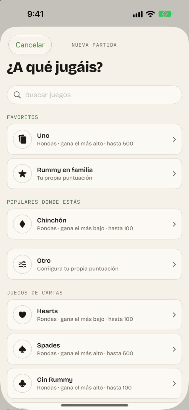 La lista de juegos: favoritos, populares donde estás, con el chinchón, y los juegos de cartas