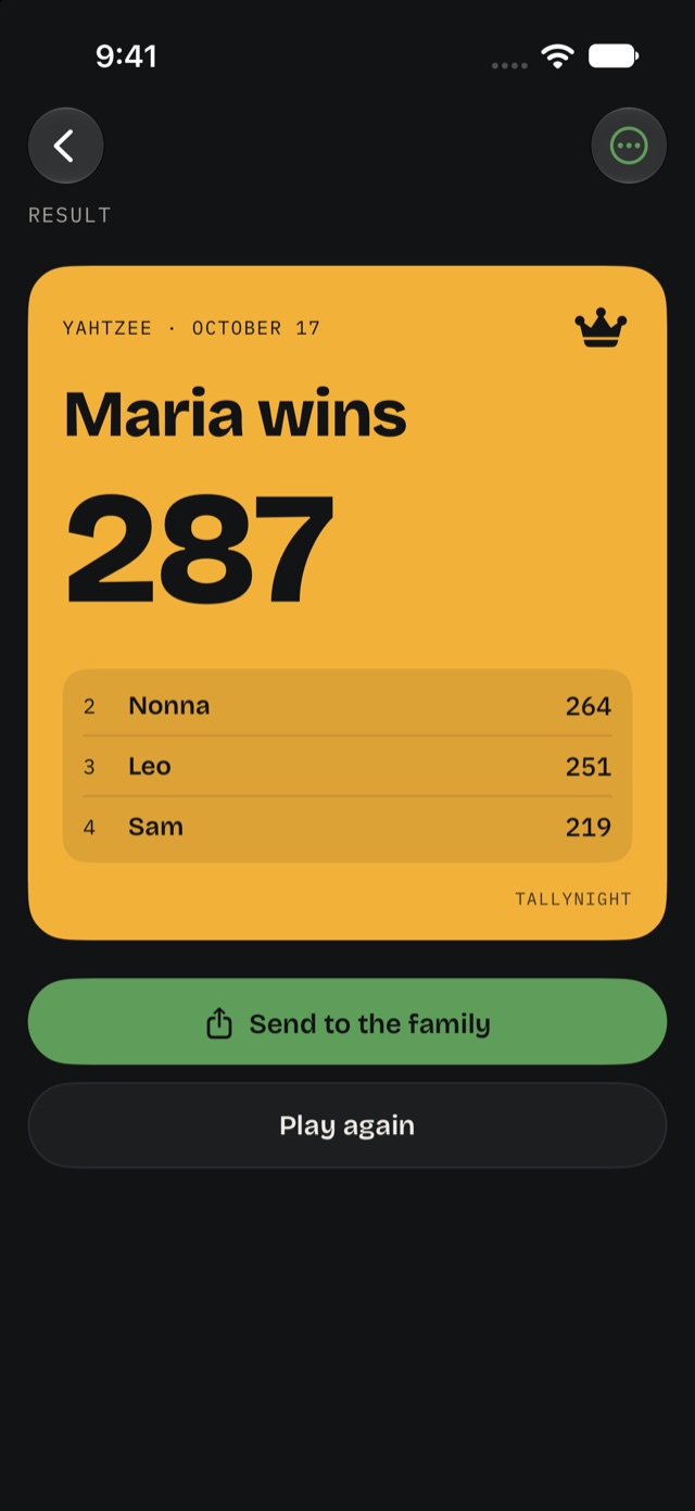 The winner card at the end of a game, with everyone's place