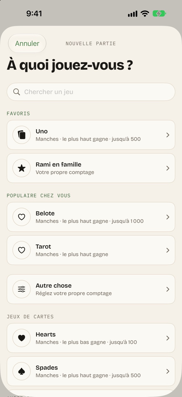La liste des jeux : les favoris, la belote et le tarot parmi les jeux populaires chez vous, puis les jeux par type