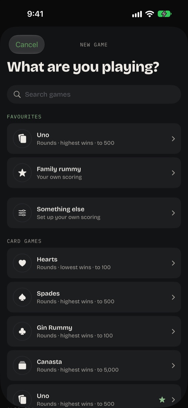 The game list: favourites, popular where you are, and games by kind