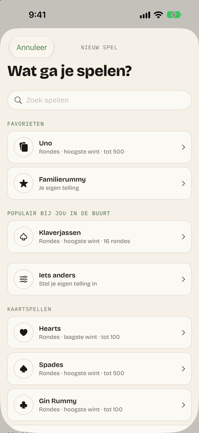 De spellenlijst: favorieten, Klaverjassen bij populair bij jou in de buurt, en de kaartspellen