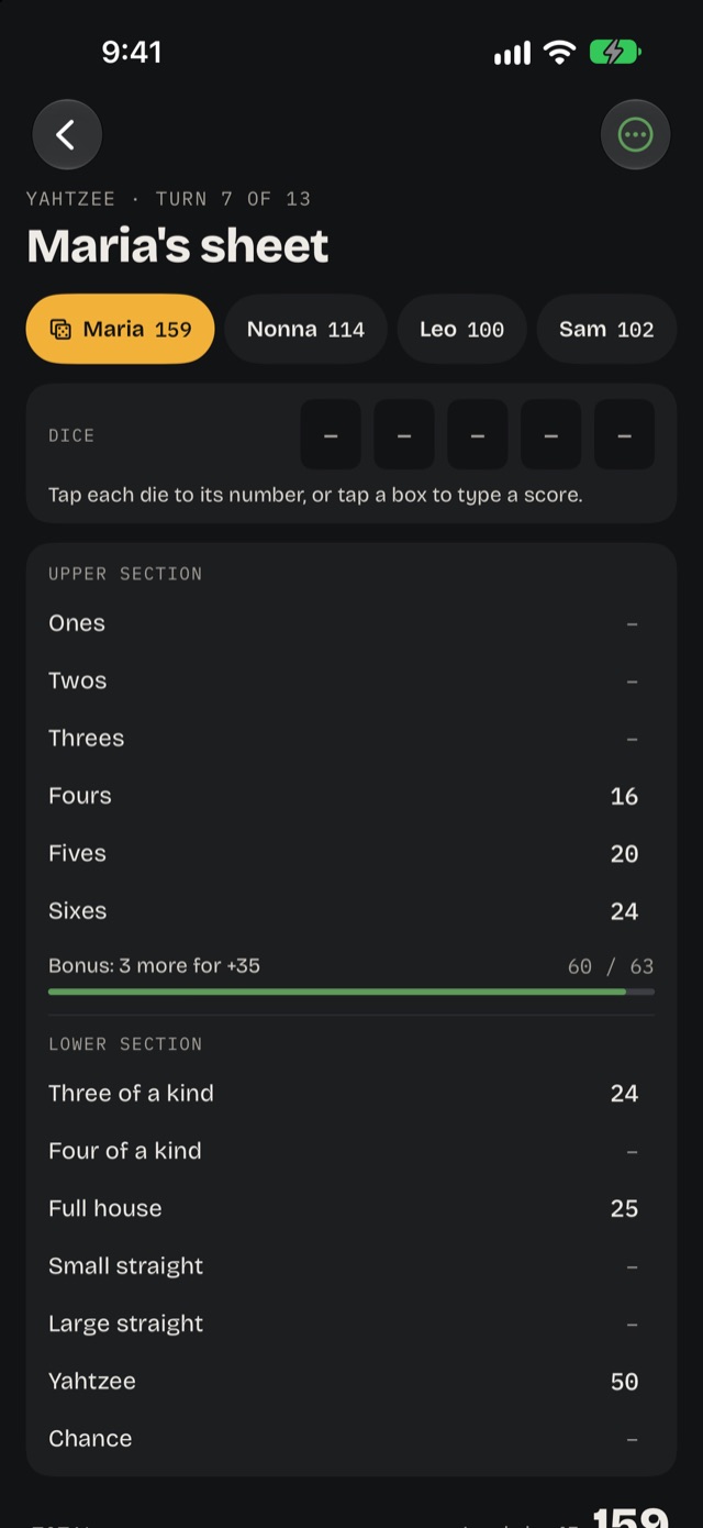 The Yahtzee sheet: the dice, the best box suggested, and each player's boxes