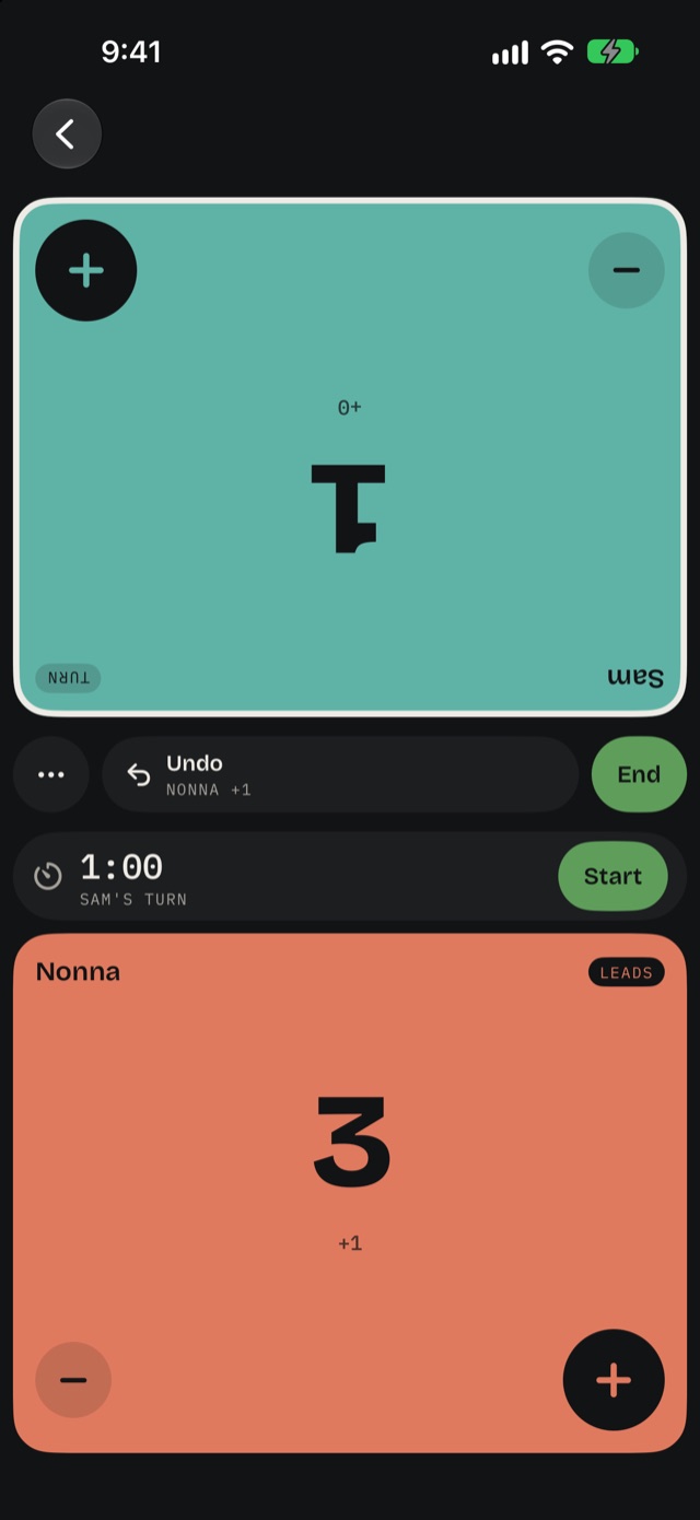 A party game with the turn timer: one minute for Sam's turn, and a big tile per team