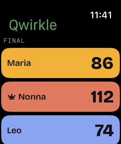 Tallynight on Apple Watch: the final score of a game of Qwirkle, Nonna first with 112