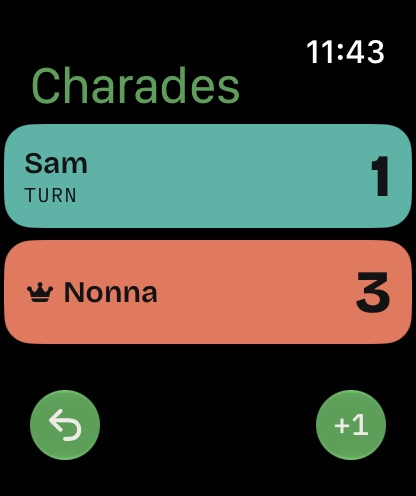 Tallynight on Apple Watch: Nonna and Sam's charades score, with Undo and +1